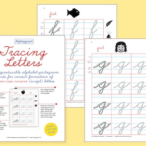 Puede incluir: Hoja de trabajo de trazado de letras con un alfabeto cursivo, un pez, una niña, una jirafa, un globo terráqueo, un par de manos, un par de gafas, un racimo de uvas y una guitarra. La hoja de trabajo tiene un fondo gris con líneas azules y un borde rojo.