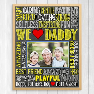 May include: A chalkboard with a photo of a father and his two sons. The chalkboard has a red heart and the words "We Love Daddy" in yellow. The words "Caring, Gentle, Patient, Kind, Loving, Strong, Selfless, Inspiring, Fun, Amazing, Patient, One of a Kind, Role Model, Best Friend, Amazing, Hero, Devoted, Playful, Thoughtful" are written in yellow around the photo. The words "Happy Father's Day Matt & Josh" are written in yellow at the bottom.