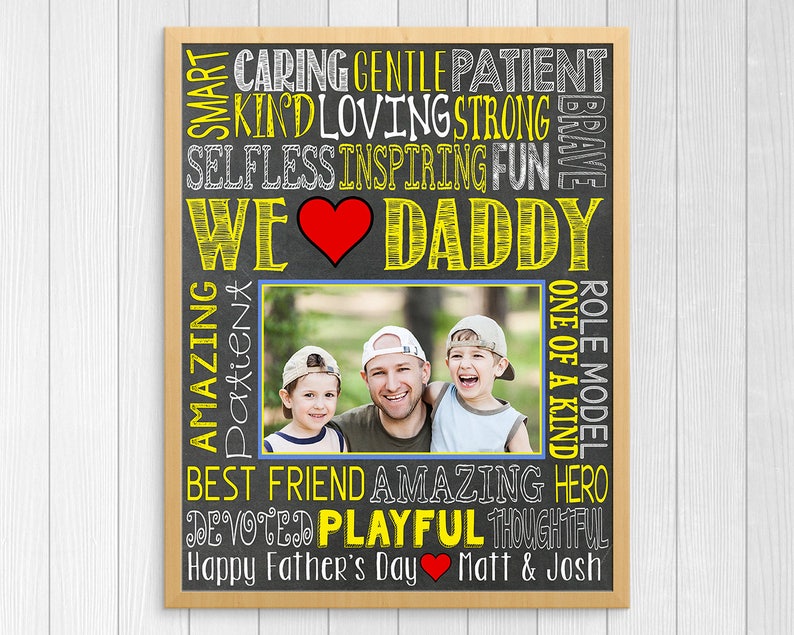 May include: A chalkboard with a photo of a father and his two sons. The chalkboard has a red heart and the words "We Love Daddy" in yellow. The words "Caring, Gentle, Patient, Kind, Loving, Strong, Selfless, Inspiring, Fun, Amazing, Patient, One of a Kind, Role Model, Best Friend, Amazing, Hero, Devoted, Playful, Thoughtful" are written in yellow around the photo. The words "Happy Father's Day Matt & Josh" are written in yellow at the bottom.