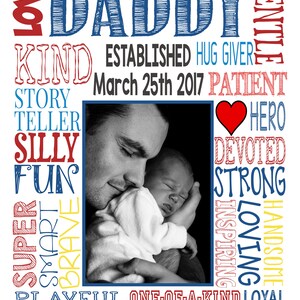 Puede incluir: Una foto en blanco y negro de un padre y su beb&eacute;. La foto est&aacute; rodeada de una nube de palabras de adjetivos positivos que describen a un padre, incluyendo "amable", "gentil", "h&eacute;roe", "devoto", "fuerte", "cari&ntilde;oso", "guapo", "inspirador", "juguet&oacute;n", "&uacute;nico" y "leal". El texto "Establecido el 25 de marzo de 2017" tambi&eacute;n est&aacute; incluido en la nube de palabras. El texto "&iexcl;Qu&eacute; alegr&iacute;a que seas mi pap&aacute;! Con amor, Sophia" est&aacute; en la parte inferior de la imagen.
