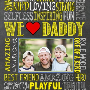 May include: A chalkboard with a photo of a father and his two sons. The chalkboard has a red heart and the words "We Love Daddy" in yellow. The words "Amazing, Smart, Patient, One of a Kind, Role Model, Best Friend, Amazing, Hero, Devoted, Playful, Thoughtful" are written in white on the chalkboard. The words "Happy Father's Day Matt & Josh" are written in white on the chalkboard with a red heart.