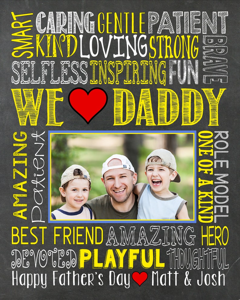 May include: A chalkboard with a photo of a father and his two sons. The chalkboard has a red heart and the words "We Love Daddy" in yellow. The words "Amazing, Smart, Patient, One of a Kind, Role Model, Best Friend, Amazing, Hero, Devoted, Playful, Thoughtful" are written in white on the chalkboard. The words "Happy Father's Day Matt & Josh" are written in white on the chalkboard with a red heart.