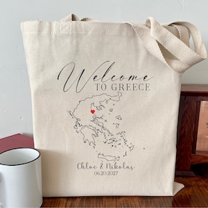 Personalized Greece Wedding Tote Bag: Map Design, Guest Gift Bag