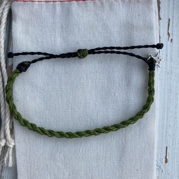 Army Bracelet, Adjustable bracelet, waxed-string beach bracelet, Army Wife Gift, Army Mom Bracelet, Army Star Charm, Army Girlfriend Gift