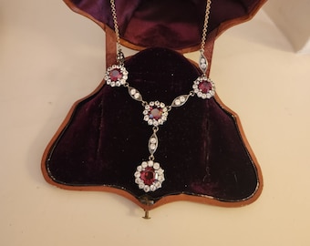 Collar lavalier antiguo de oro de 10 quilates y plata con granate y piedra transparente