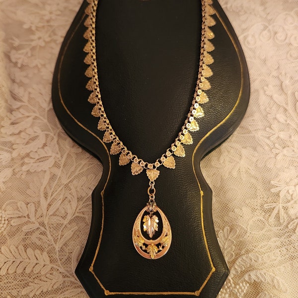 Gorgeous Victorian Gilt  Book Chain Necklace with Attached Leaf Pendant