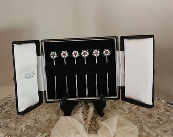 Amazing Set of  Six Silver and Enamel Flower Cocktail Sticks In Original Double Door Presentation Box T & J Perry London