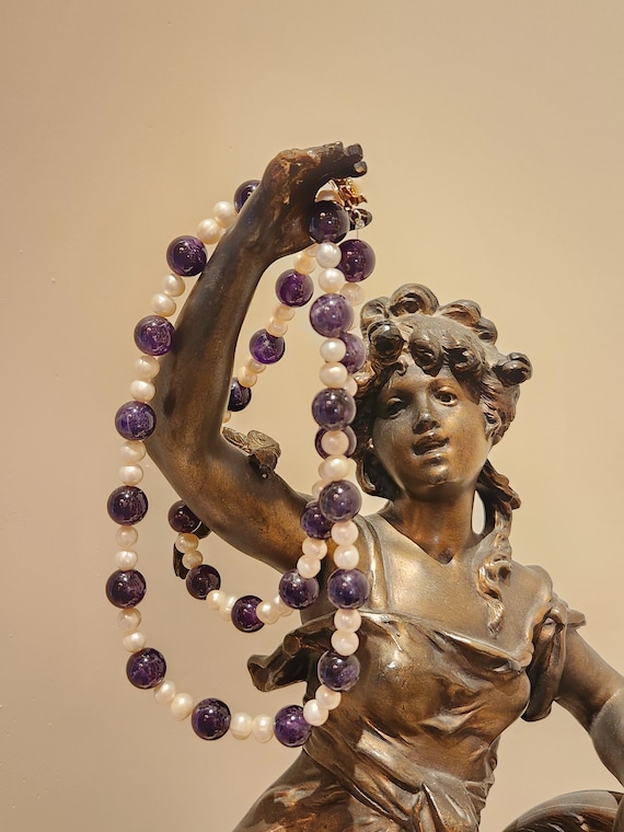 淡水真珠とアメジストのネックレス：28インチのビーズストランド