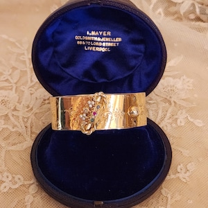 Antique French Vermeil Bangle: 18K Gold Crown, Sapphire, Ruby, Emerald and Diamond
