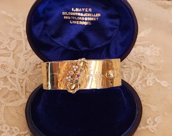 Antique French Vermeil Bangle: 18K Gold Crown, Sapphire, Ruby, Emerald and Diamond