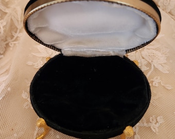 Vintage Black Velvet Jewelry Box with Golden Metal Rim