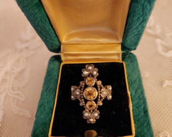 Glorious Sterling Silver Citrine and Seed Pearl Vintage French Ring in Presentation Box