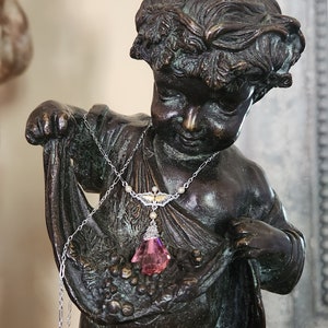 Beautiful Antique Belle Epoque&#39; 14K  White Gold Filigree Pink Paste Lavalier Necklace with Y G  and Pearl Accents