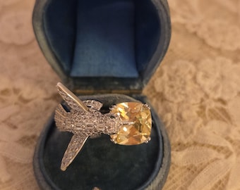Articulated Bird Ring with Canary Cushion Cut CZ Stones – Silver Plated Whimsical Jewelry