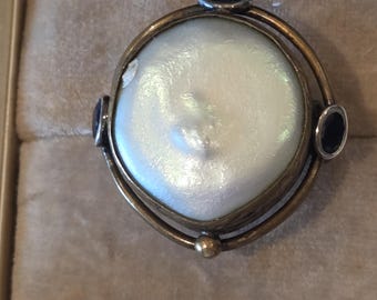 Large Sterling Silver and Bronze Blister Pearl and Blue Stone ring
