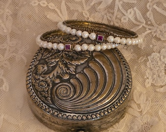 BOXED Pair of Mid 20th Century Sterling Vermeil, Cultured Pearls and Ruby Bracelets