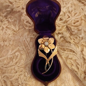 May include: A gold flower brooch with a white opal center stone in a purple velvet box. The box is inscribed with the text "D'YVONNE, 110, RUE DE LA PAIX, PARIS, 1905".