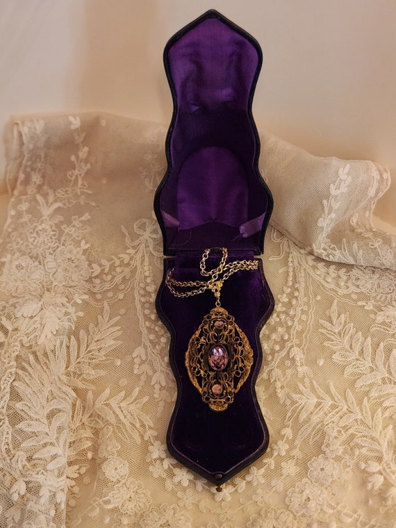 Stunning  Large Czech Purple Stone Filigree Neckl… - image 1