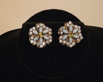 Vintage Gold Tone Clip on Earrings with Rhinestones