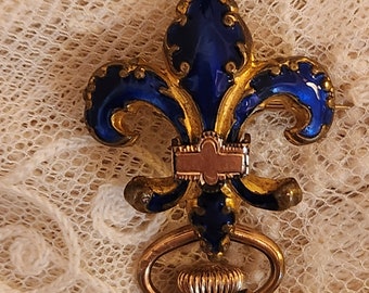 Antique Victorian Gold Filled Cobalt Blue Enamel Fleur de Lis Watch Lapel Brooch