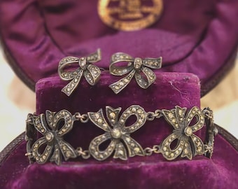 Antique Victorian Sterling Silver Marcasite Bow Bracelet and Earrings