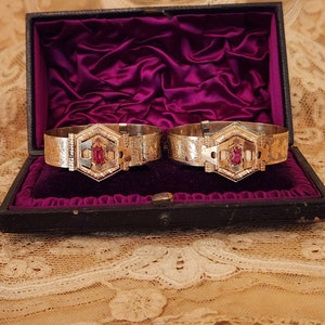 Pair of PETITE Antique Victorian Gold Filled Wedding Bracelets with Ruby Paste