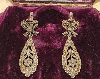 Victorian Sterling Silver Marcasite Dangle Earrings: Bow Topped Floral Design