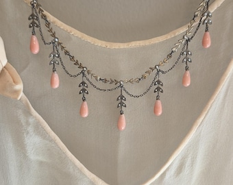 EXTREMELY RARE Antique Garlands and Swags Salmon Pink Glass drops Necklace with Baby Seed Pearls