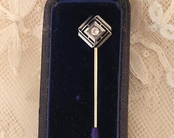 Antique 18K White Gold, Enamel and Diamond Stick Pin in Box
