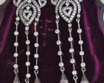 Extremely RARE Antique Sterling Silver Paste Shoulder Duster Earrings