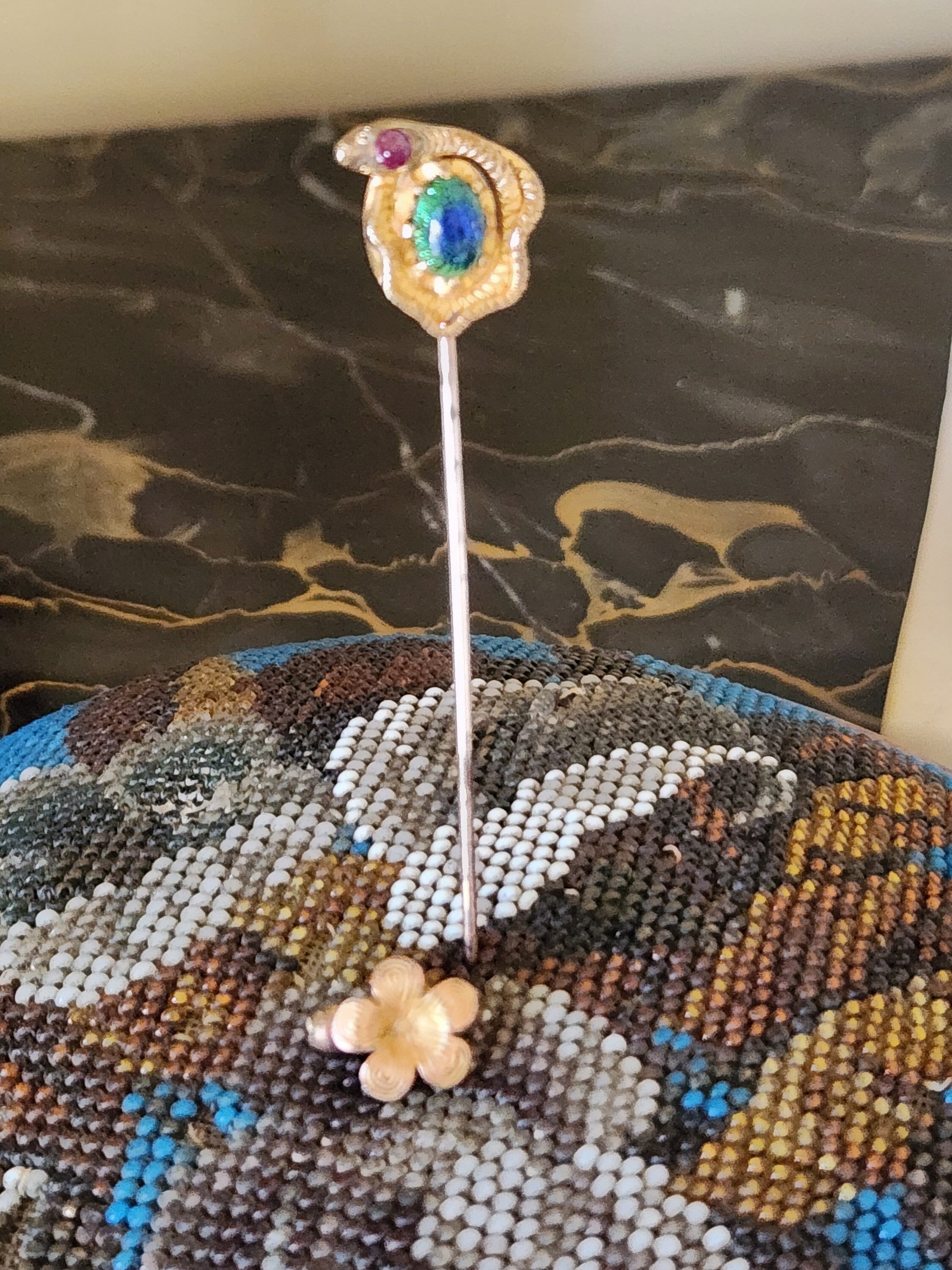 Antique Victorian Gold Filled Snake Stick Pin with Floral End Cap