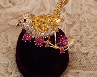 Whimsical Bird on a Branch  Multi Color C Z Statement Ring