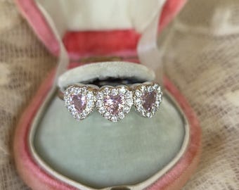Vintage Silver Plated  Pink C Z Heart Ring with Clear C Z Halos