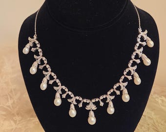 Edwardian Revival Sterling Silver, Cultured Pearls and Diamond Melee Fringe Necklace