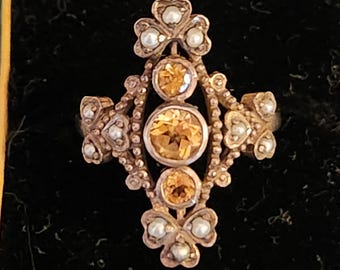 Herrlicher französischer Vintage-Ring aus Sterlingsilber mit Citrin und Saatperle in Geschenkbox