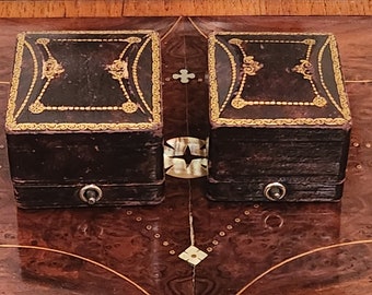 Antique Portuguese Leather Ring Boxes: Gilt Tooled Pair