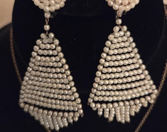 Vintage  Faux Seed Pearl Fringe Clip On Earrings