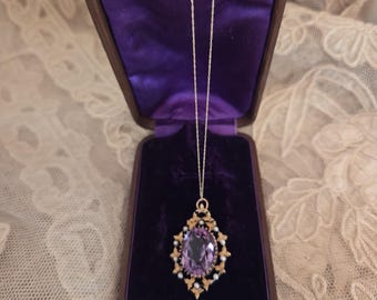 BOXED Antique Victorian 14K Yellow Gold Amethyst and Seed Pearl Pendant on a 10k Yellow Gold Chain