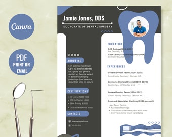 Modern Resume Template for Dental Professionals with Bonus ATS Friendly Resume Template | Editable Canva Template for Dentist Resume