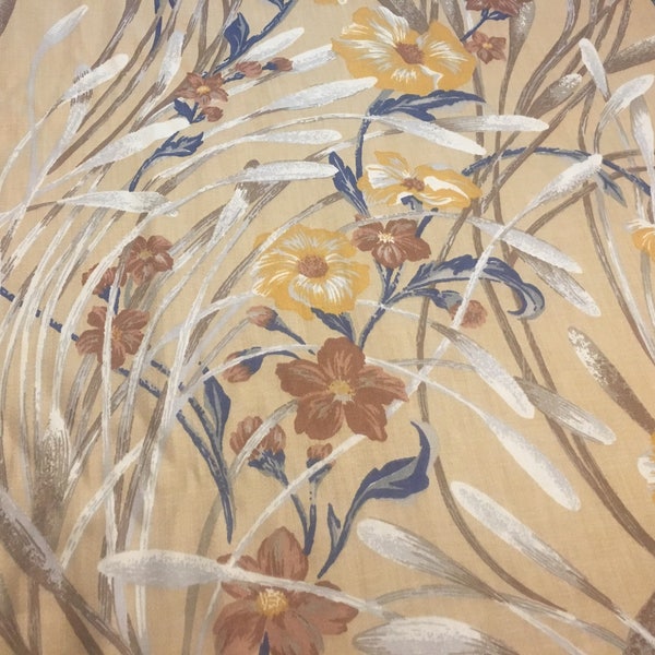 Vintage - 1979 Atelier Originals  Navy, gold and brown wild flowers on tan medium sheer, medium weight sateen
