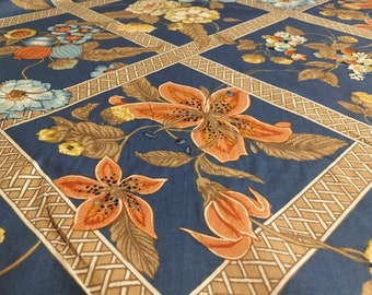 Vintage - 1980 Alan Naness "Summer House " 12" beige trellis diamonds with various floral on med weight blue soft cotton