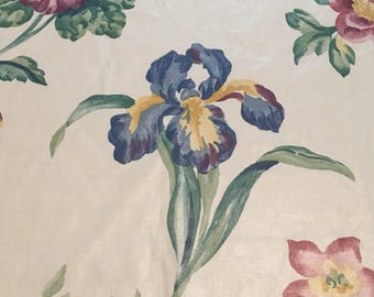 Vintage - 1993 Janice Brown "Lockwood" 5th avenue designs watercolor floral with blue Iris on white medium sheen cotton