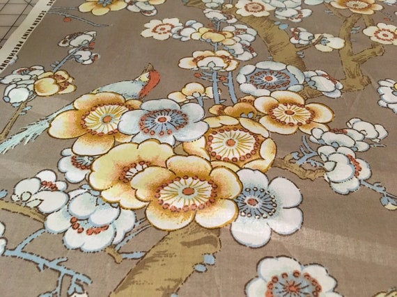 Vintage - 3 yd remnant. Jay Yang "Woodco" jaybirds and cherry blossom branches on light weight medium sheen polished cotton