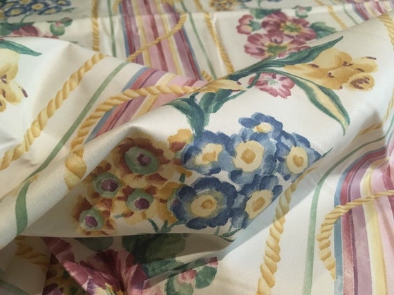 3-3/4 yd Rem Vintage 1993 Janice Brown 5th Ave shades of lilac and blue spring floral panel stripe on lightweight white cotton sateen.