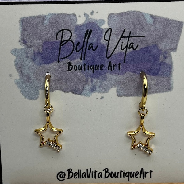 Earrings Gold Star Hoop Earrings Hugie Hoops Star Cubic Zirconia Charm Star, 18K Gold Hoops Special Friend Mother's Day Daughter Neice