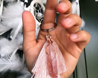 Lemurian Quartz Keychain | Pink Tassel | Accessories | Gifts | Crystals | Stones | Healing | Spiritual | Boho | Bohemian
