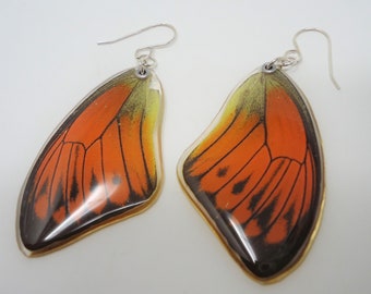 Fire Orange Tip Real Butterfly Wing Resin Earrings -- OOAK