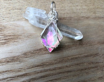 Faceted Aura Quartz Glass Pendant wrapped in Silver Parawire, Peace,Calm, Rainbows, Positivity, Transformation, Love, Forgiveness