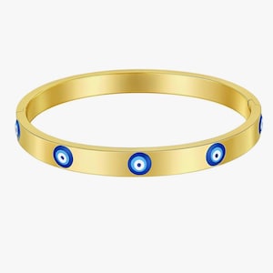 Gold Plated Evil Eye Bangle: Stainless Steel Cuff Bracelet
