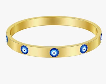 Gold Plated Evil Eye Bangle: Stainless Steel Cuff Bracelet